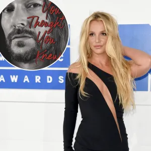 Britney Spears on a red carpet with an inset of Kevin Federline's memoir cover