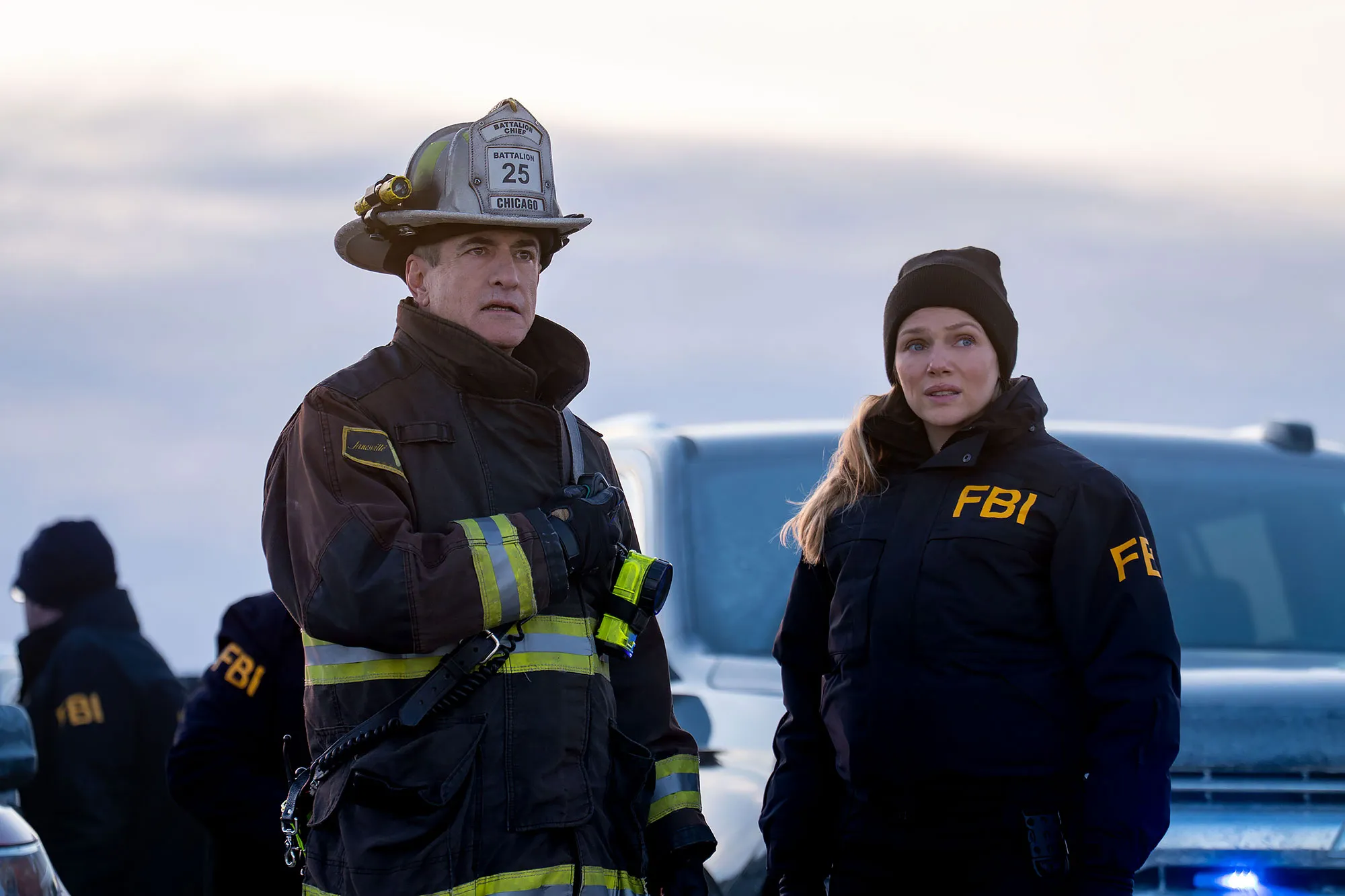 Dermot Mulroney and Tracy Spiridakos Chicago Fire One Chicago Showrunners Promise Very High Stakes for Multiple Stars in Explosive Crossover