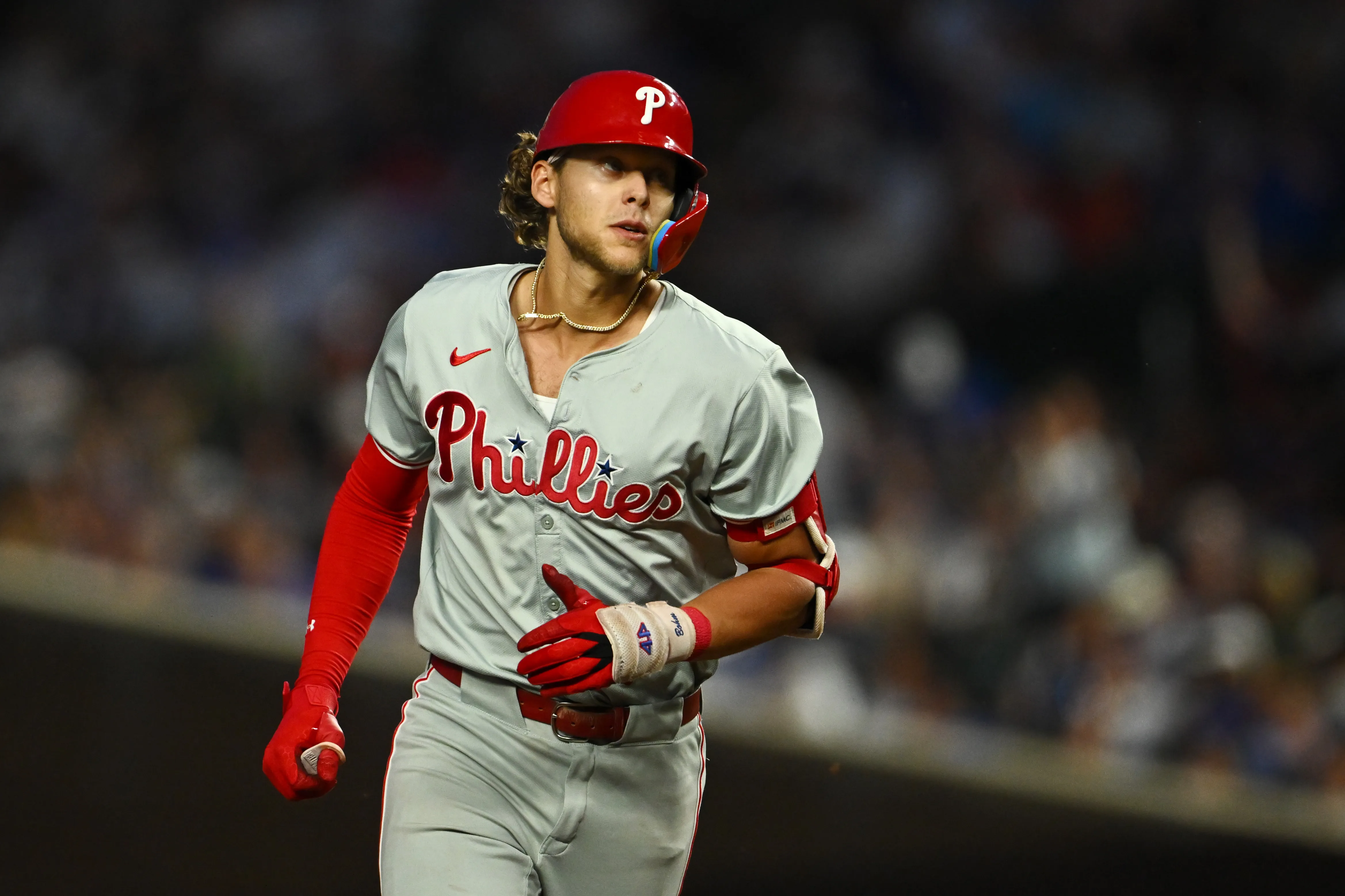 CHICAGO, ILLINOIS - JULY 03: Alec Bohm #28 of the Philadelphia Phillies rounds the bases on a two-run home run in the sixth inning off Shota Imanaga of the Chicago Cubs at Wrigley Field on July 03, 2024 in Chicago, Illinois. (Photo by Quinn Harris/Getty Images)