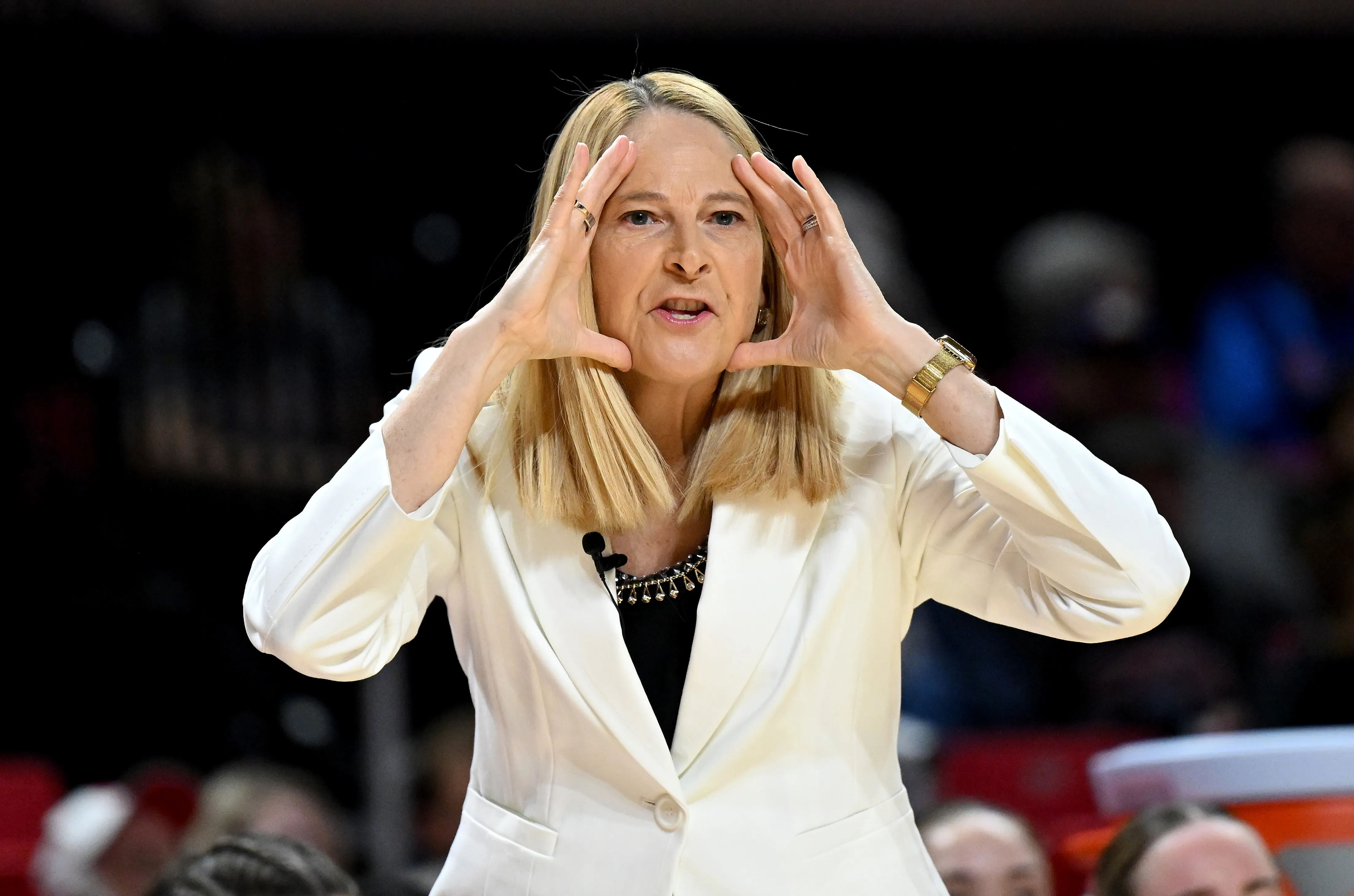 COLLEGE PARK, MARYLAND - FEBRUARY 25: Head coach Brenda Frese of the Maryland Terrapins gestures in the first quarter against the Northwestern Wildcats at Xfinity Center on February 25, 2026 in College Park, Maryland. (Photo by Greg Fiume/Getty Images)