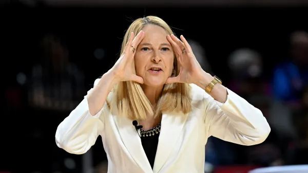COLLEGE PARK, MARYLAND - FEBRUARY 25: Head coach Brenda Frese of the Maryland Terrapins gestures in the first quarter against the Northwestern Wildcats at Xfinity Center on February 25, 2026 in College Park, Maryland. (Photo by Greg Fiume/Getty Images)