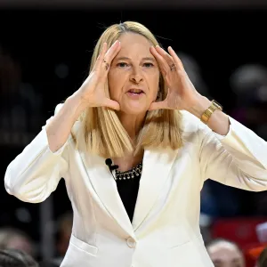COLLEGE PARK, MARYLAND - FEBRUARY 25: Head coach Brenda Frese of the Maryland Terrapins gestures in the first quarter against the Northwestern Wildcats at Xfinity Center on February 25, 2026 in College Park, Maryland. (Photo by Greg Fiume/Getty Images)