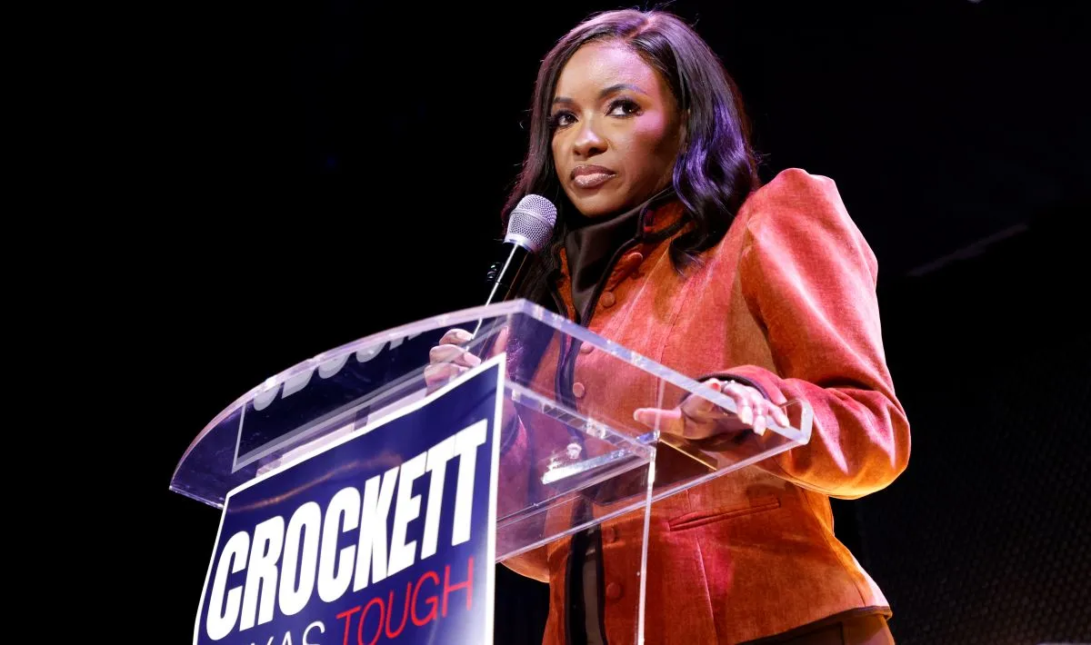 Rep. Jasmine Crockett (D-TX) speaks with supporters during her Senate Primary election night party on March 3, 2026 in Dallas, Texas.