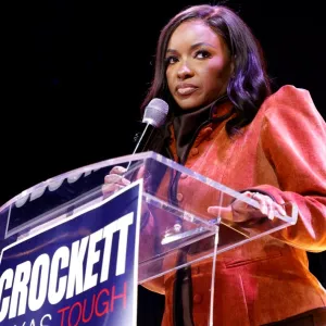 Rep. Jasmine Crockett (D-TX) speaks with supporters during her Senate Primary election night party on March 3, 2026 in Dallas, Texas.