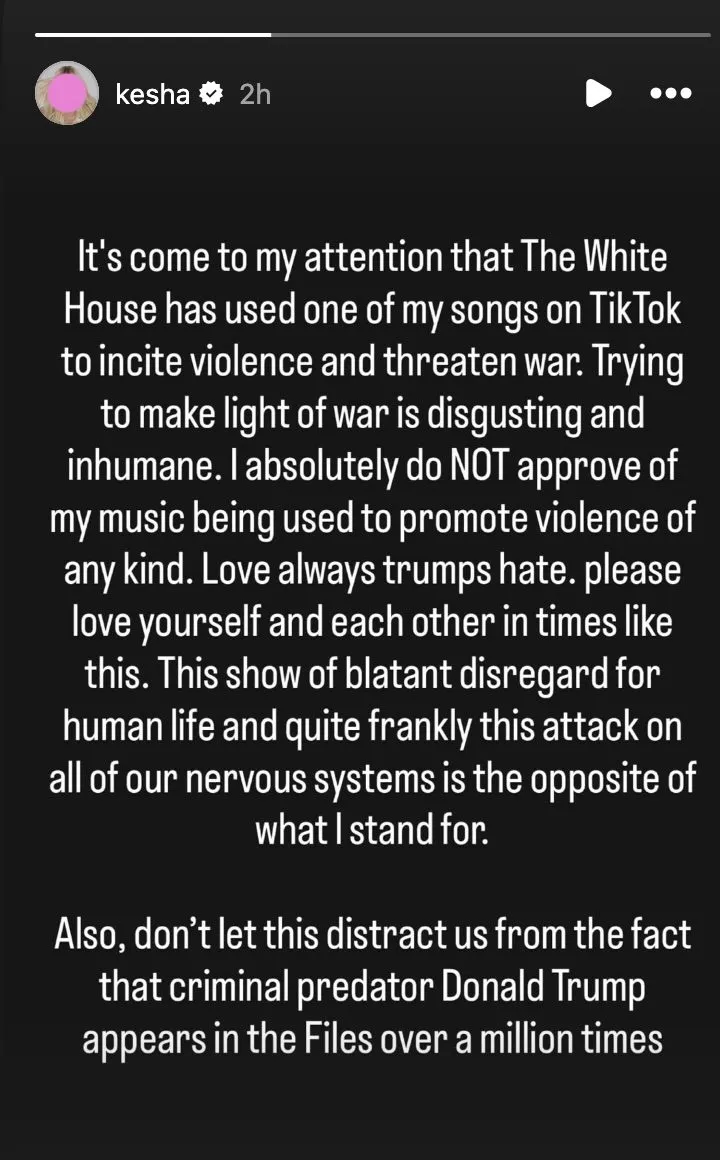 Kesha Slams Trump After White House Uses Her Song in Pro-War Video