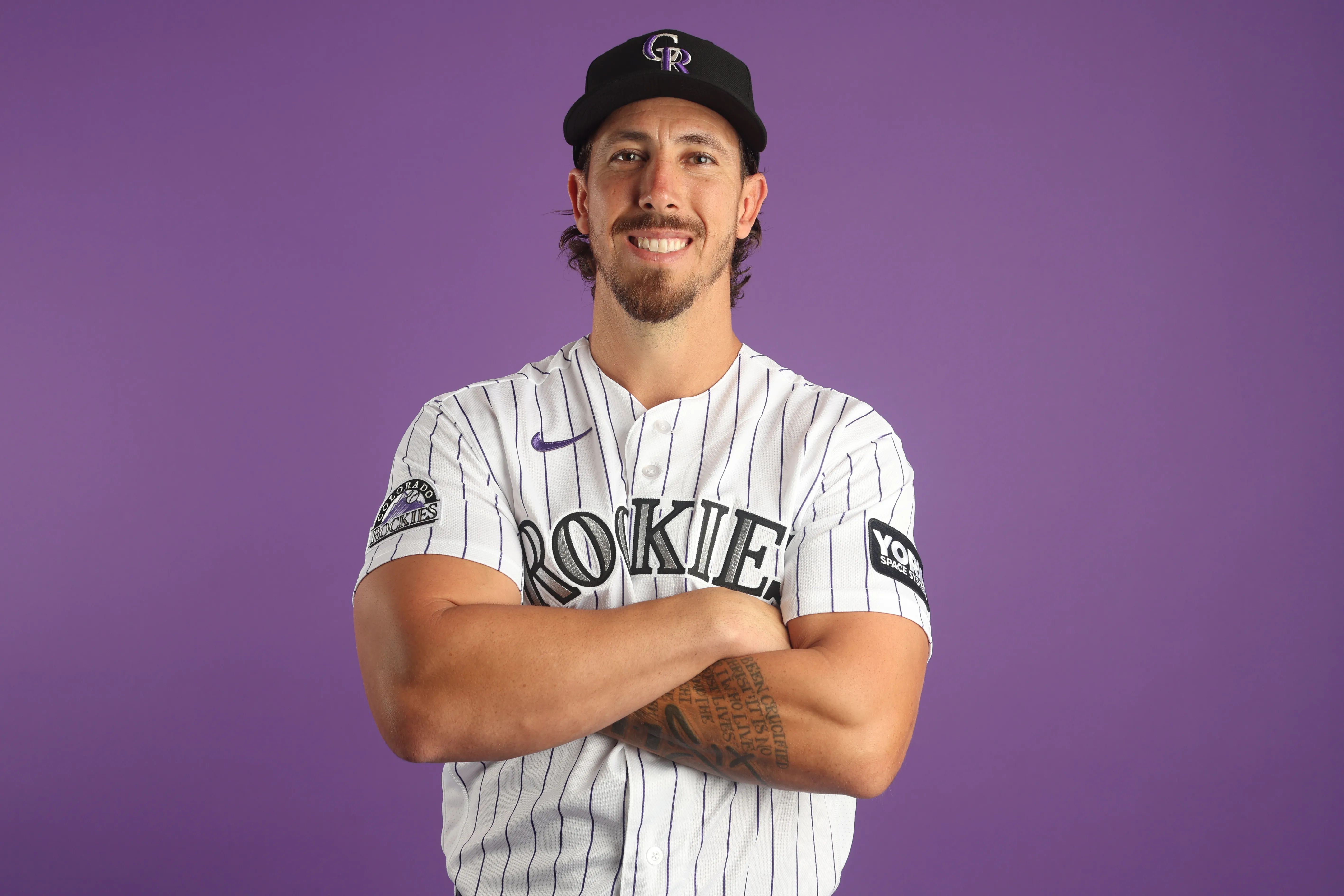 SCOTTSDALE, ARIZONA - FEBRUARY 18: Michael Lorenzen #24 of the Colorado Rockies poses for a portrait during photo day at Salt River Fields at Talking Stick on February 18, 2026 in Scottsdale, Arizona. (Photo by Jeremy Chen/Getty Images)