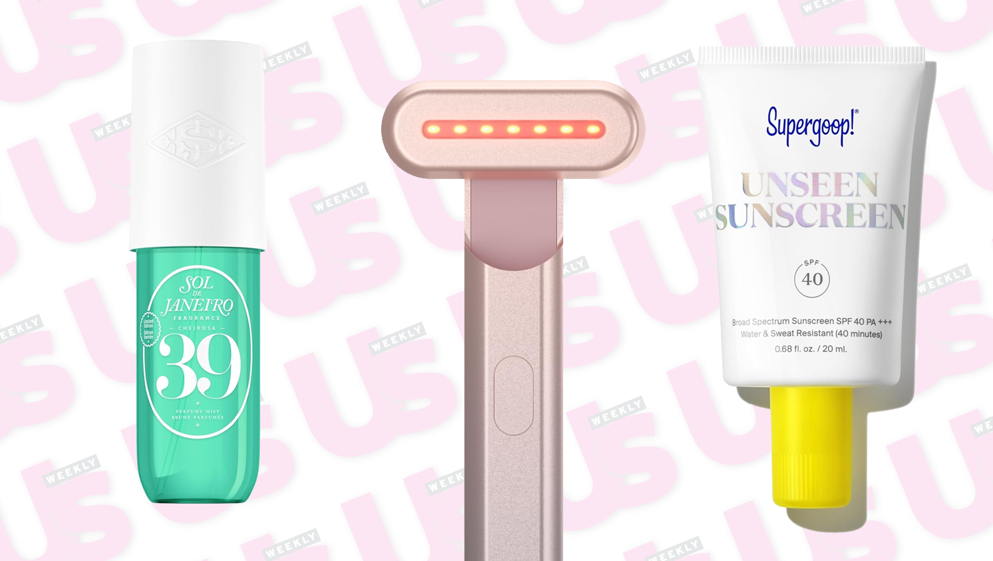 Sol de Janeiro's Cheirosa 39 mist, Solawave red light therapy wand Supergoop unseen sunscreen