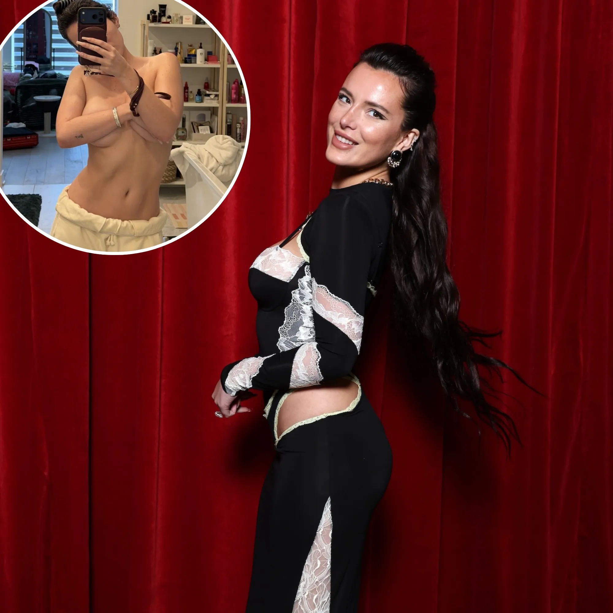 Bella Thorne Goes Topless and Shows Off Her Abs in Low-Rise Sweats as She Poses for Mirror Selfie