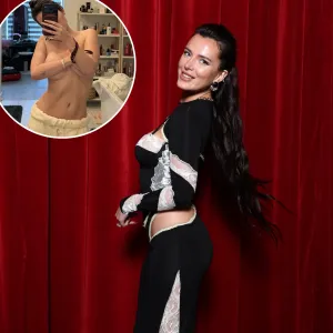 Bella Thorne Goes Topless and Shows Off Her Abs in Low-Rise Sweats as She Poses for Mirror Selfie