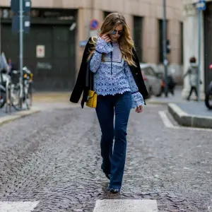 MILAN, ITALY - FEBRUARY 29: Maja Malnar wearing a babyblue blouse by Mr.self portrait, navy jeans from Mother denim, Bulgari bag, Lanvin shoes, Zara studio jacket, Taylor Morris sunglasses seen during Milan Fashion Week Fall/Winter 2016/17 on February 29, 2016, in Milan, Italy (Photo by Christian Vierig/Getty Images)