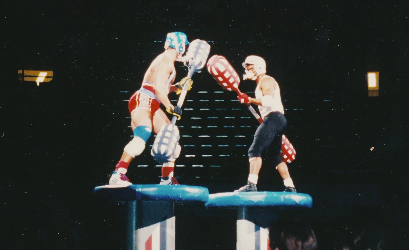 Two gladiators in Muscles & Mayhem: An Unauthorized Story of American Gladiators