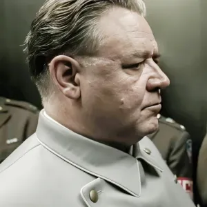 Russell Crowe as Hermann Goring, Leo Woodall and Rami Malek in Nuremberg