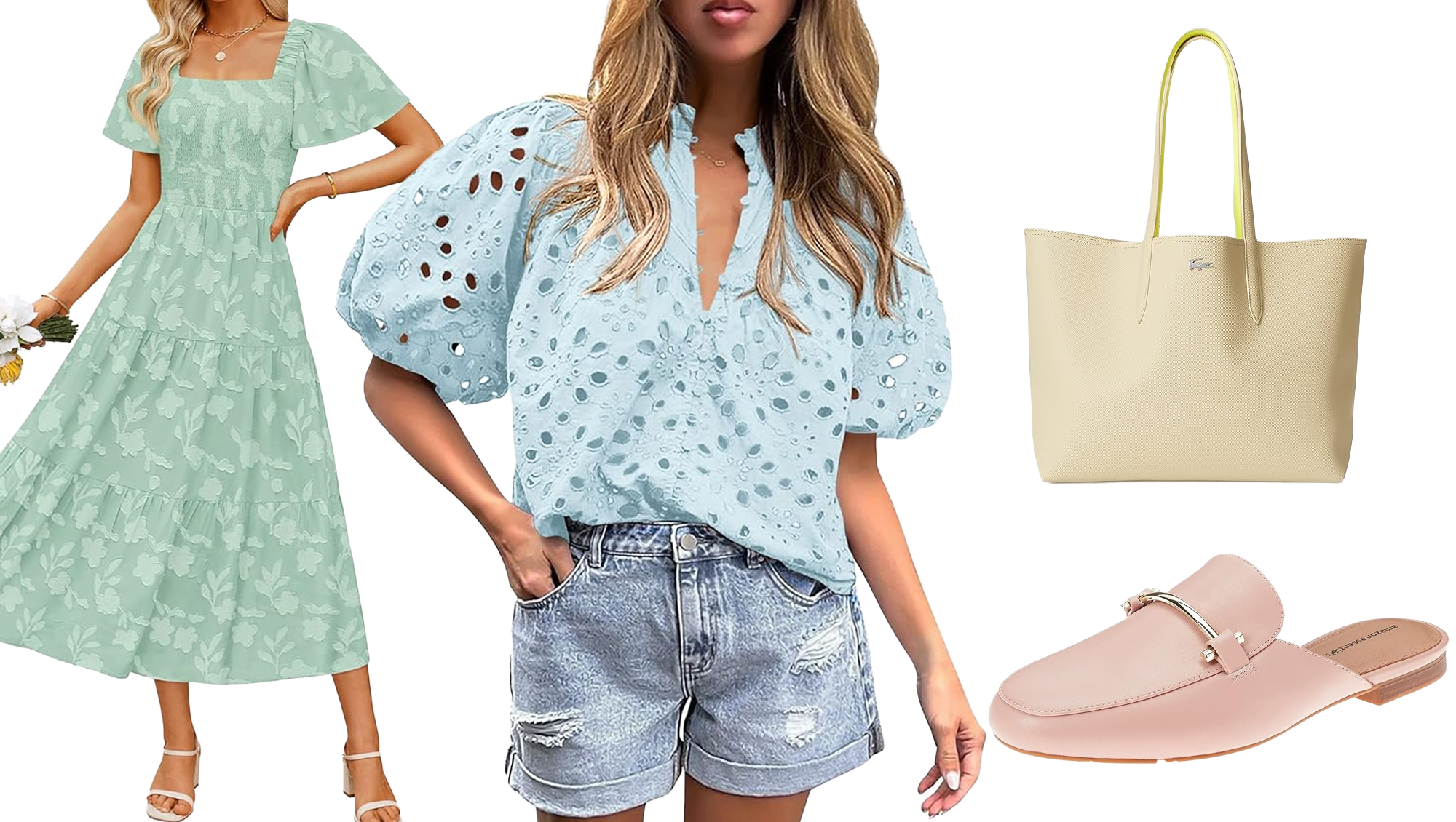 Green dress, blue top, yellow tote and pink loafers from Amazon
