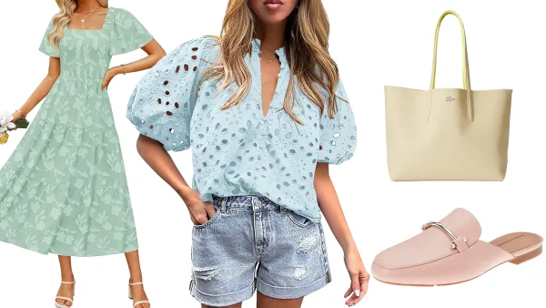 Green dress, blue top, yellow tote and pink loafers from Amazon