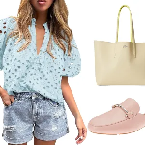 Green dress, blue top, yellow tote and pink loafers from Amazon