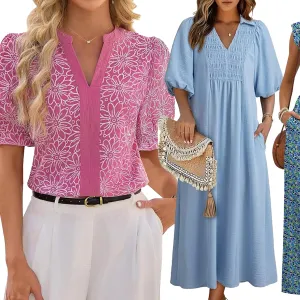 Pink top, blue dress, floral romper and green top