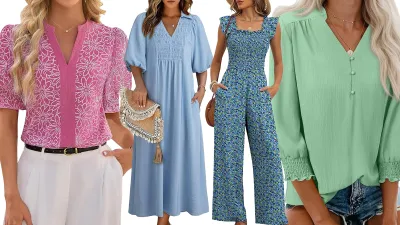 Pink top, blue dress, floral romper and green top