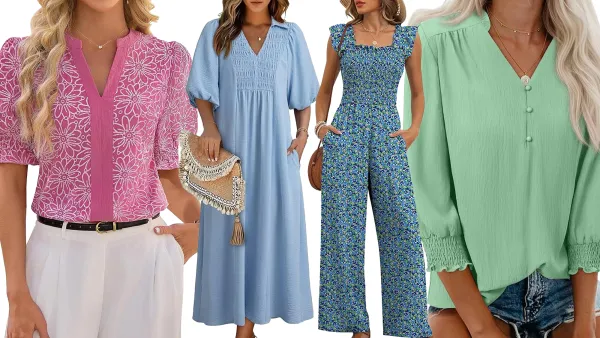 Pink top, blue dress, floral romper and green top