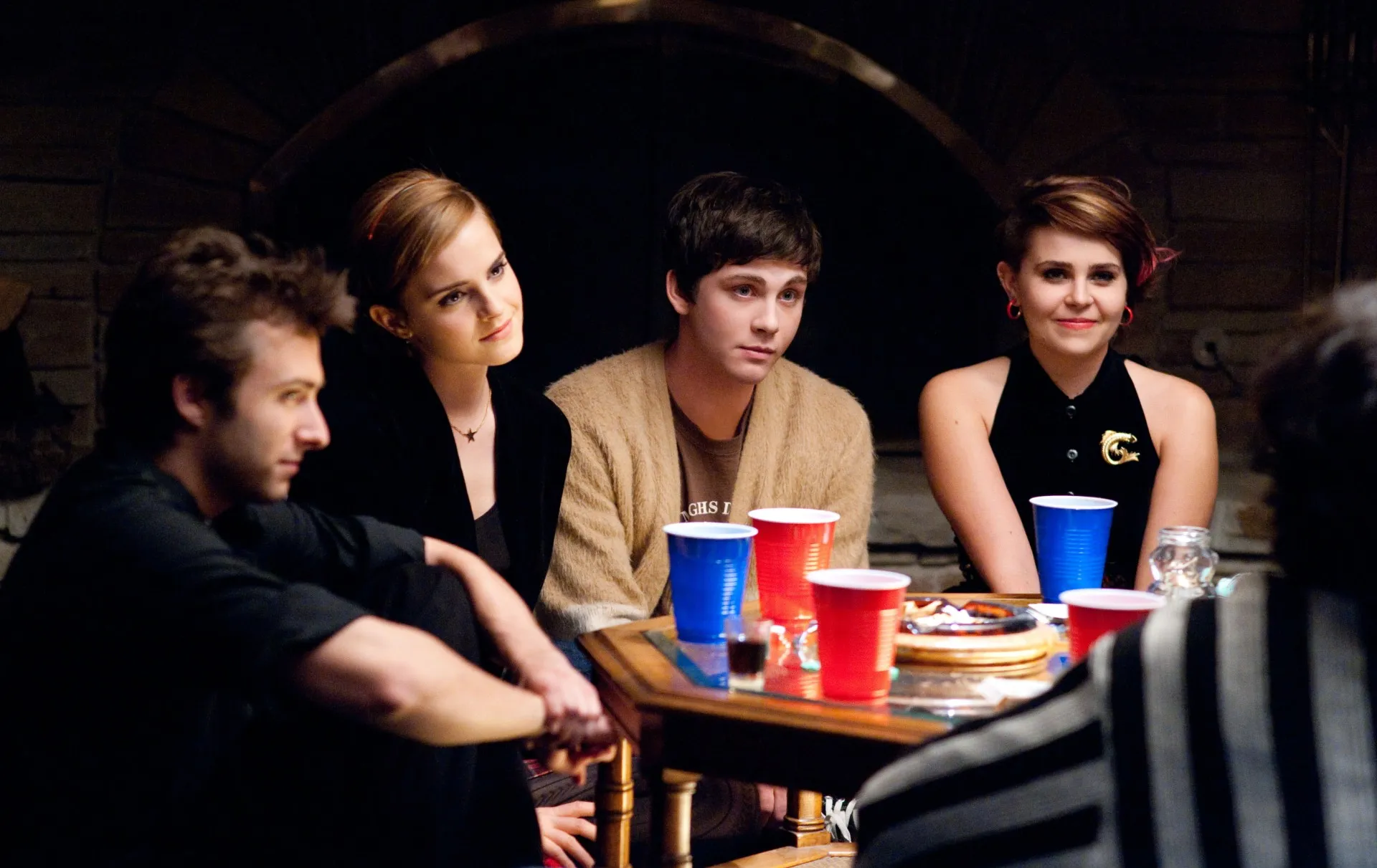 Reece Thompson, Emma Watson, Logan Lerman and Mae Whitman in The Perks of Being a Wallflower