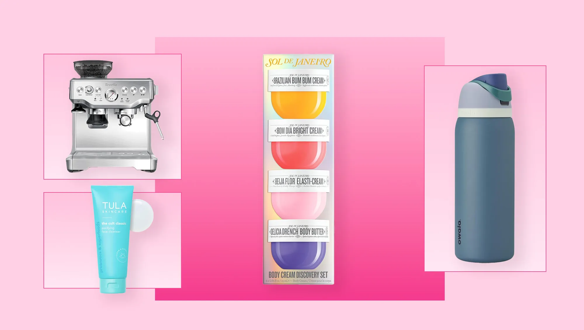Breville Barista Express Espresso Machine, Tula Cult Classic Purifying Cleanser, Sol de Janeiro Set and Owala FreeSip Water Bottle