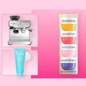 Breville Barista Express Espresso Machine, Tula Cult Classic Purifying Cleanser, Sol de Janeiro Set and Owala FreeSip Water Bottle