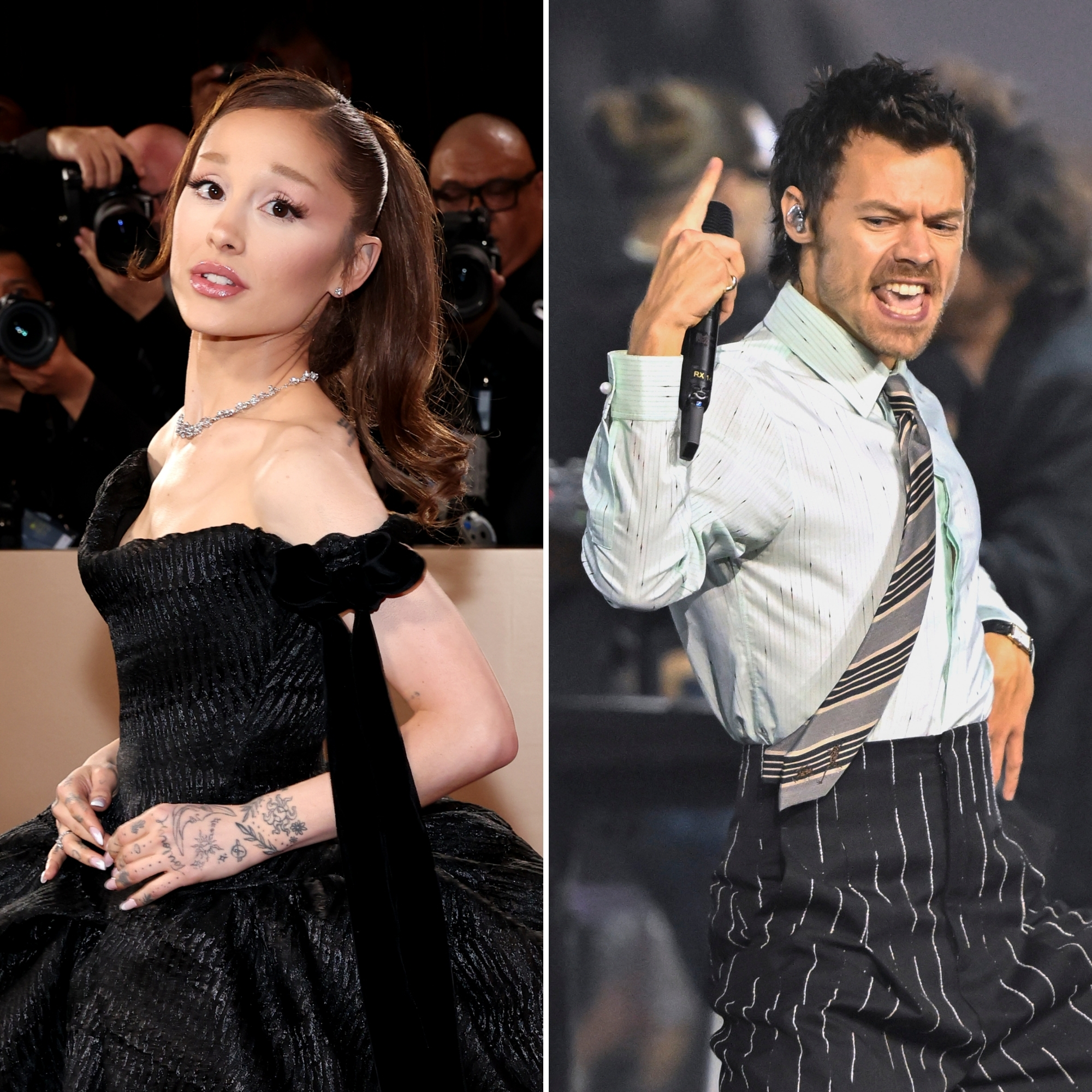 A split image of Ariana Grande on a red carpet and Harry Styles performing.