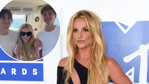 Britney Spears standing with her hand on her hip on a red carpet with an inset of Spears on a boat with her sons, Sean Preston and Jayden James Federline.