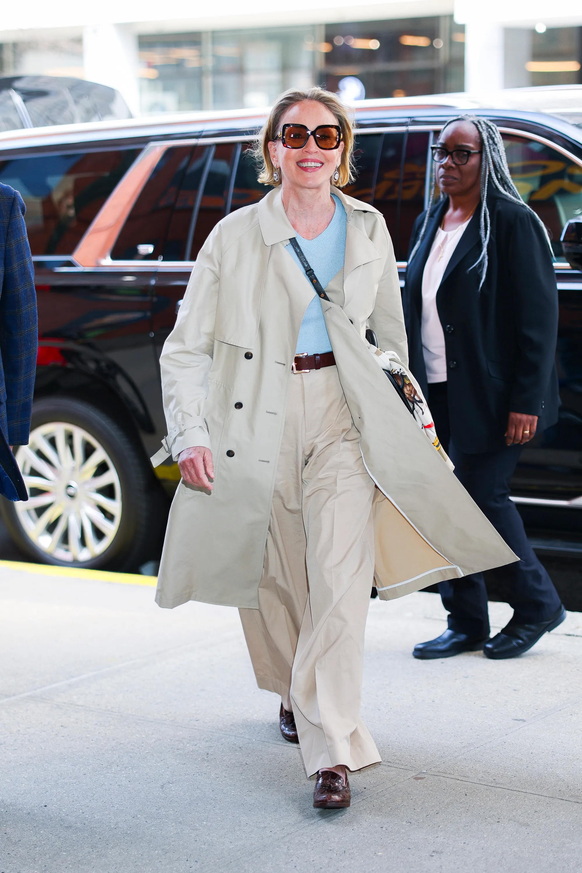 Sharon Stone seen at "Drew Barrymore Show" in Midtown on March 30, 2026 in New York City.
