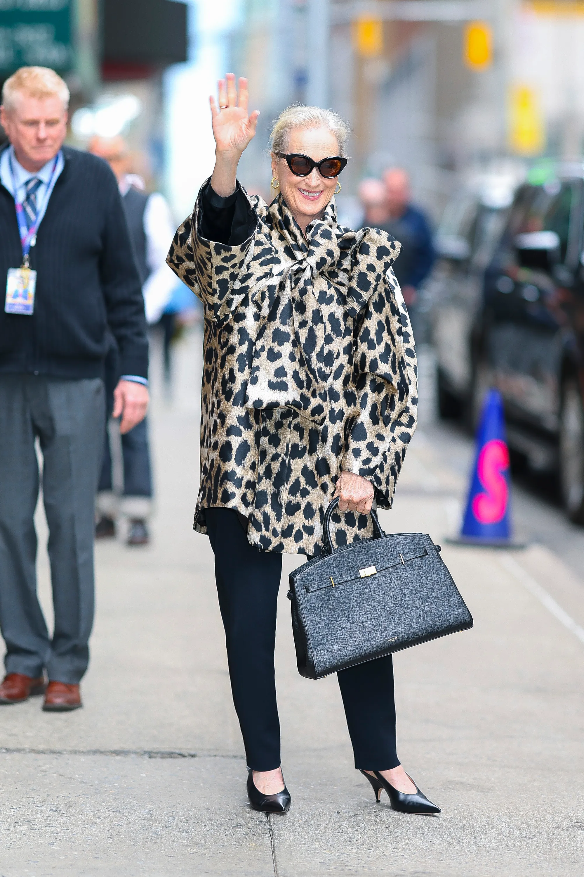 Meryl Streep seen at 'The Late Show With Stephen Colbert' in Midtown on April 01, 2026 in New York City.