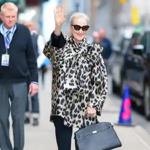 Meryl Streep seen at 'The Late Show With Stephen Colbert' in Midtown on April 01, 2026 in New York City.