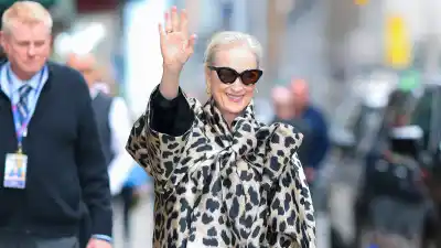 Meryl Streep seen at 'The Late Show With Stephen Colbert' in Midtown on April 01, 2026 in New York City.