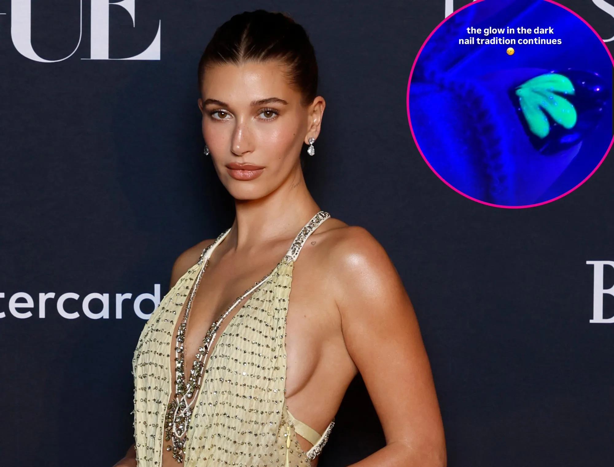Hailey Bieber Continues Her Glow in the Dark Nails for Justin Biebers Coachella Performance