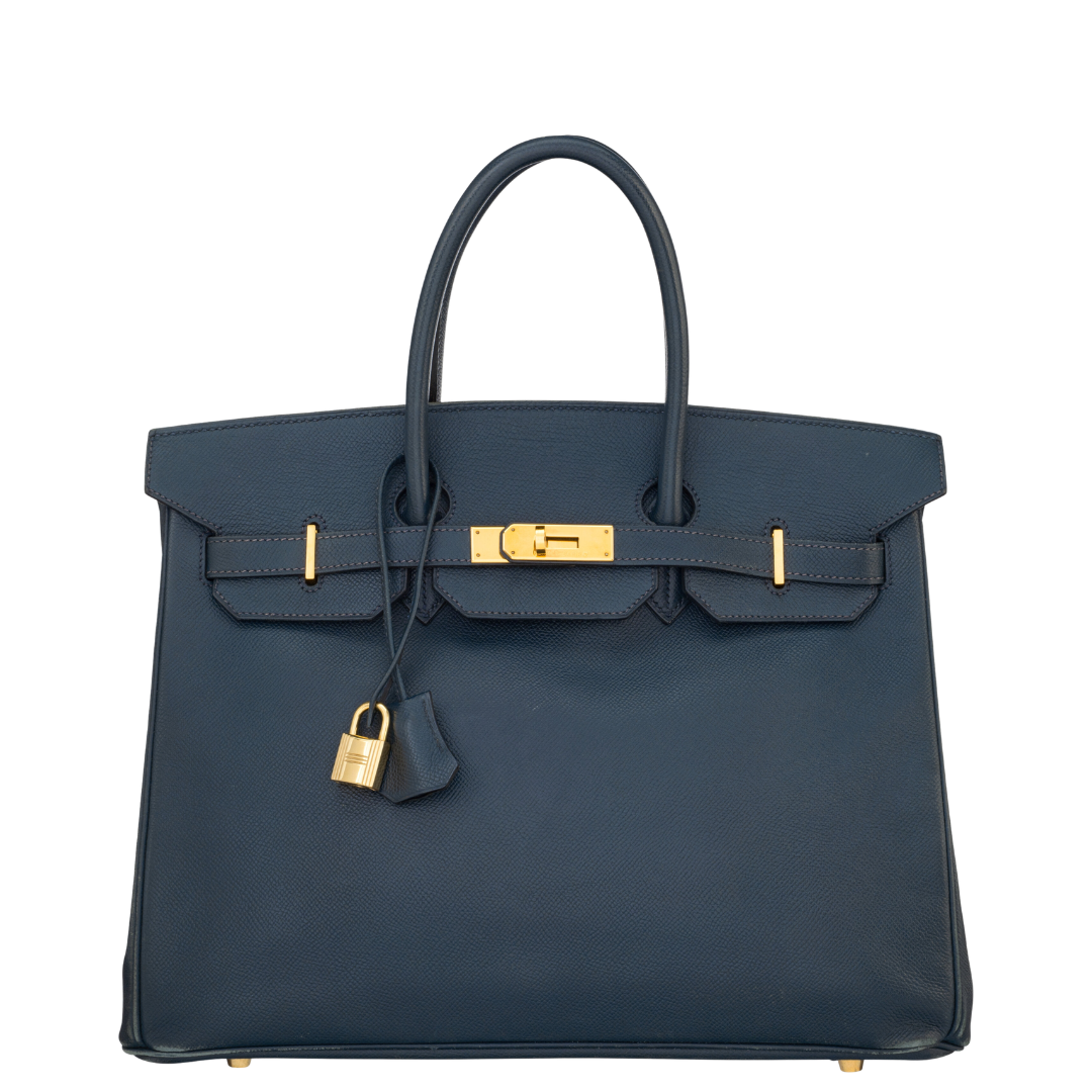 Hermès 35cm Bleu Marine Courchevel Leather Birkin Bag with Gold Hardware, Inscribed and Signed Twice by Jane Birkin