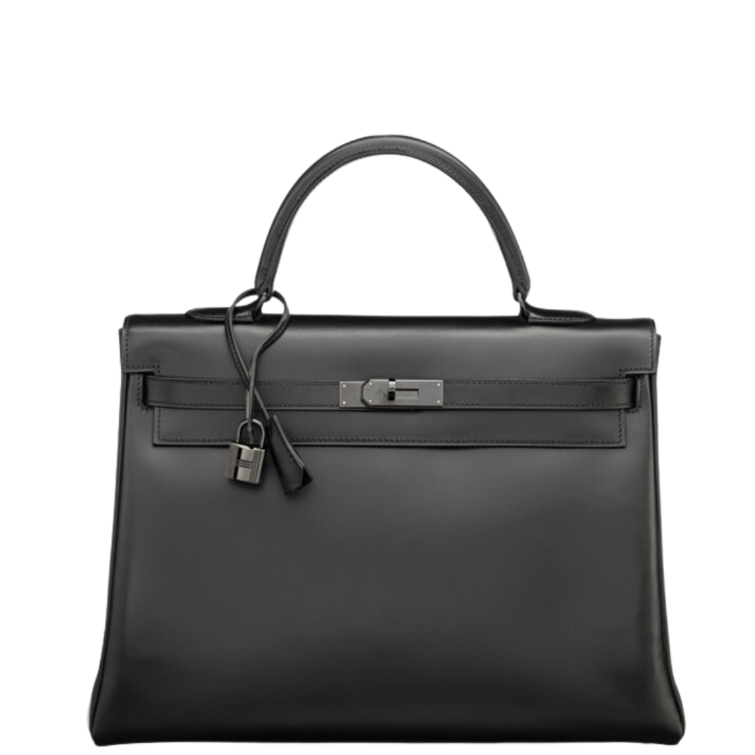 Hermès Limited Edition 35cm So Black Box Calf Kelly Retourne 