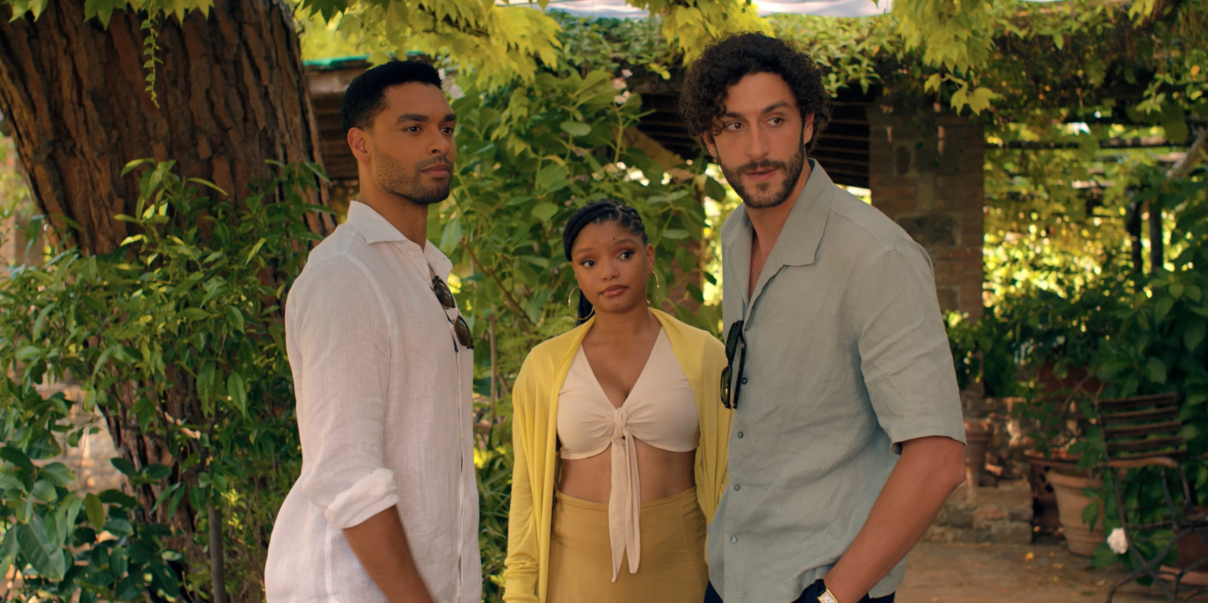 You, Me & Tuscany (from left) Michael (Regé-Jean Page), Anna (Halle Bailey) and Matteo (Lorenzo de Moor) in You, Me & Tuscany, directed by Kat Coiro.