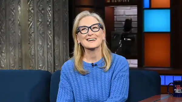 Meryl Streep The Late Show Meryl Streep Nods to Devil Wears Prada With Blue Sweater