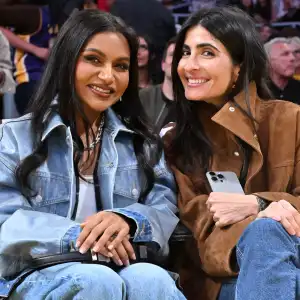 LOS ANGELES, CALIFORNIA - NOVEMBER 02: Mindy Kaling (L) and Parisa Jassim attend a basketball game between the Los Angeles Lakers and the Miami Heat at Crypto.com Arena on November 02, 2025 in Los Angeles, California. NOTE TO USER: User expressly acknowledges and agrees that, by downloading and/or using this Photograph, user is consenting to the terms and conditions of the Getty Images License Agreement. (Photo by Allen Berezovsky/Getty Images)