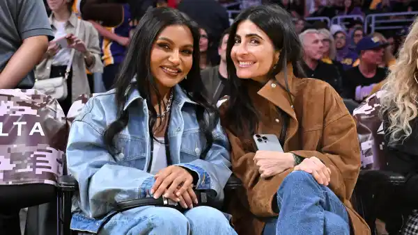 LOS ANGELES, CALIFORNIA - NOVEMBER 02: Mindy Kaling (L) and Parisa Jassim attend a basketball game between the Los Angeles Lakers and the Miami Heat at Crypto.com Arena on November 02, 2025 in Los Angeles, California. NOTE TO USER: User expressly acknowledges and agrees that, by downloading and/or using this Photograph, user is consenting to the terms and conditions of the Getty Images License Agreement. (Photo by Allen Berezovsky/Getty Images)