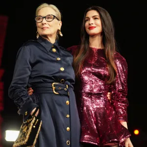 MEXICO CITY, MEXICO - MARCH 30: Anne Hathaway (R) and Meryl Streep attend the red carpet for the movie 'The Devil Wears Prada 2' at Anahuacalli Museum on March 30, 2026 in Mexico City, Mexico. (Photo by Cristopher Rogel Blanquet/Getty Images for Disney)