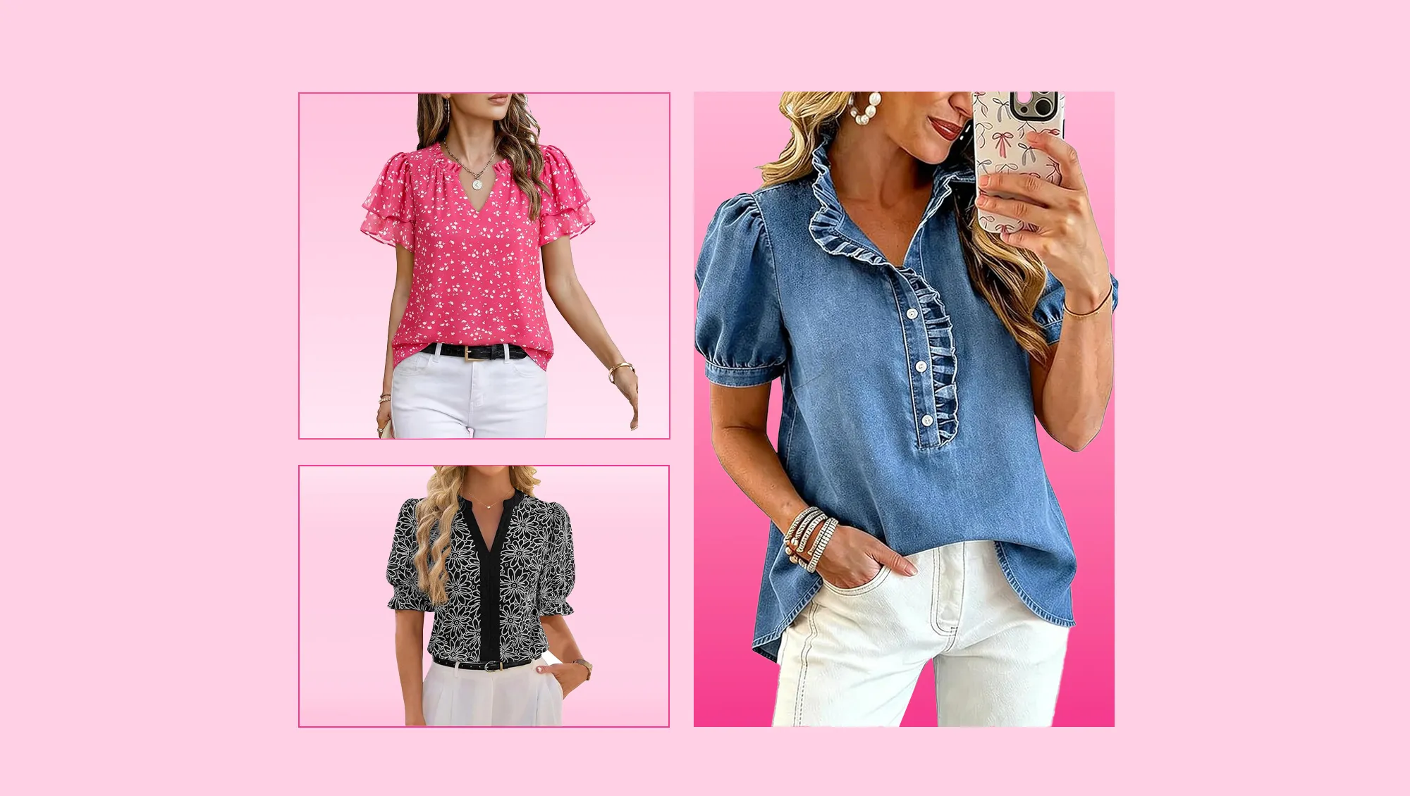 Pink Blouse, Floral Black Blouse and Denim Blouse from Amazon