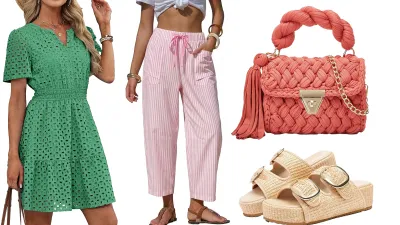 Green dress, pink pants, woven bag and raffia sandals