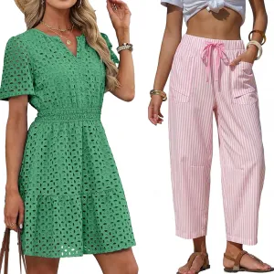 Green dress, pink pants, woven bag and raffia sandals