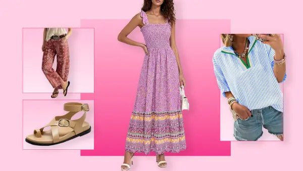 Barrel jeans, gladiator sandals, flowy dress and striped top