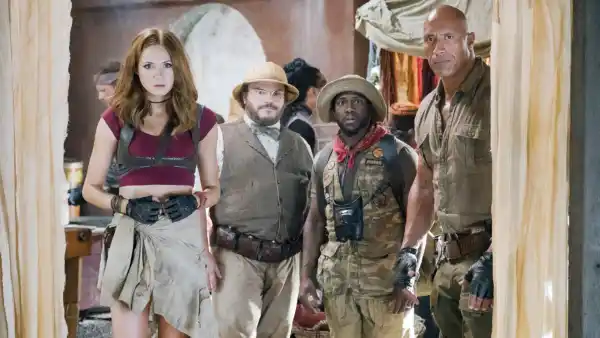 Karen Gillan, Jack Black, Kevin Hart and Dwayne Johnson in Jumanji: Welcome to the Jungle