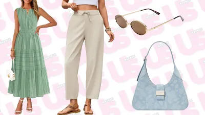 Green dress, linen pants, sunglasses and blue bag