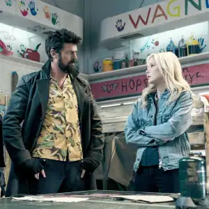 Karen Fukuhara (as Kimiko), Karl Urban (as Billy Butcher) and Erin Moriarty (as Annie January, aka Starlight) in The Boys season 5, episode 1