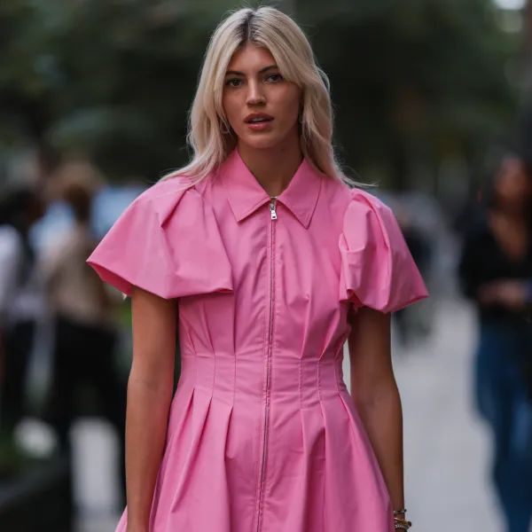 NEW YORK, NEW YORK - SEPTEMBER 13: Devon Windsor is seen wearing pink ruffled short dress,, outside Jonathan Simkhai, during New York Fashion Week on September 13, 2022 in New York City. (Photo by Jeremy Moeller/Getty Images)