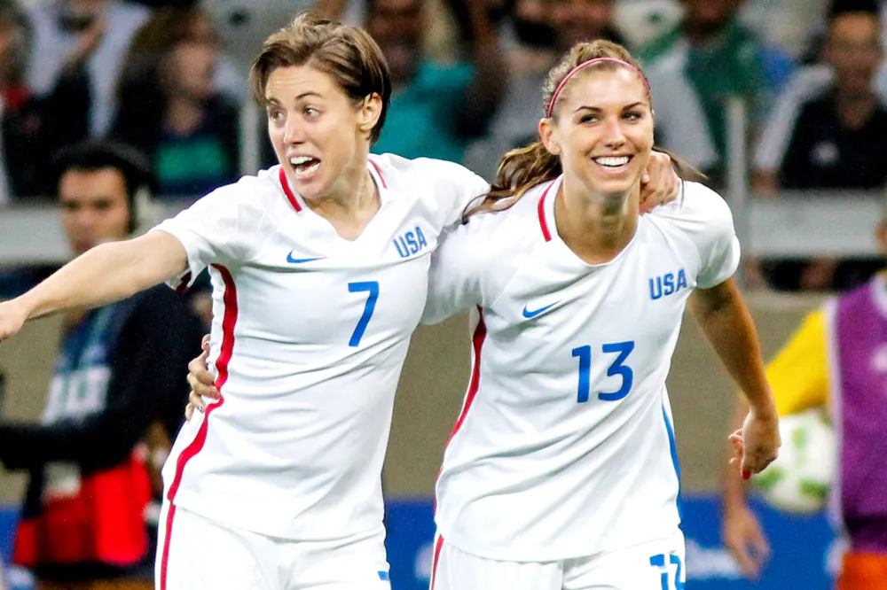 Alex Morgan of the United States celebrates a scored goal during the Women's Group G first-round match between the United States and New Zealand during the Rio 2016 Olympic Games at Mineirao Stadium on August 3, 2016, in Belo Horizonte, Brazil.