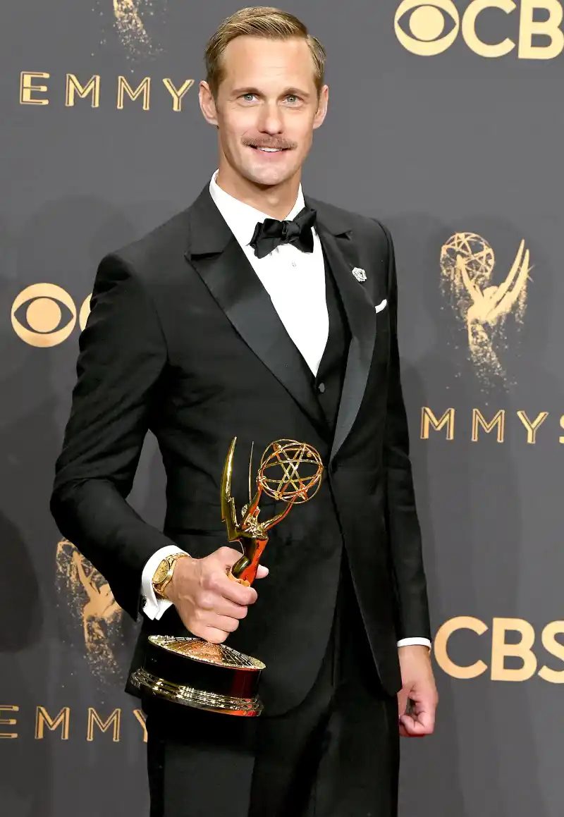 Alexander Skarsgard, winner of the award for Outstanding Supporting Actor in a Limited Series or Movie for 'Big Little Lies,' poses in the press room during the 69th Annual Primetime Emmy Awards at Microsoft Theater on September 17, 2017 in Los Angeles, California.