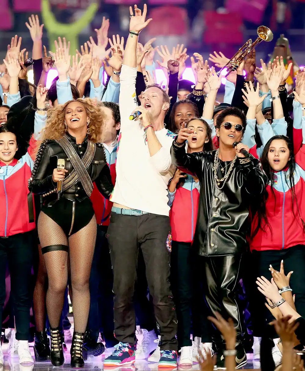 Beyonce, Chris Martin of Coldplay and Bruno Mars perform onstage during the Pepsi Super Bowl 50 Halftime Show at Levi's Stadium on February 7, 2016 in Santa Clara, California.
